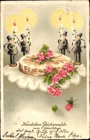 Ansichtskarte / Postkarte Glückwunsch Geburtstag, Kuchen, Rosen, Schornsteinfeger, Kerzen