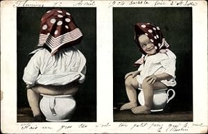 Ansichtskarte / Postkarte Kind auf dem Nachttopf, Revers, Avers, Kopftuch