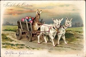 Ansichtskarte / Postkarte Glückwunsch Ostern, Osterhase und Eier auf einem Ziegenkarren