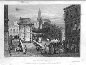 VIEW OF THE RIALTO IN VENICE,1830 Steel Engraving,Antique Italian Print
