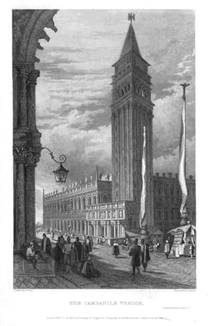 VIEW OF THE CAMPANILE IN VENICE,1830 Steel Engraving,Antique Italian Print