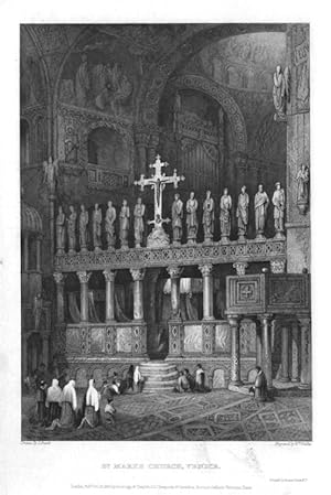 INTERIOR VIEW OF ST MARKS CHURCH IN VENICE,1830 Steel Engraving,Antique Italian Print