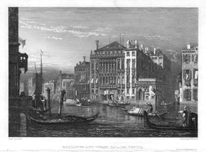 BARBARIGO AND PISANI PALACES ON THE GRAND CANAL IN VENICE,1830 Steel Engraving,Antique Italian Print