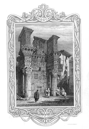 LANDSCAPE VIEW OF THE TEMPLE OF PALLAS IN ROME,1831 Steel Engraving,Antique Italian Print