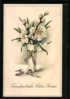 Präge-Ansichtskarte Treudeutsche Oster Grüsse mit Blumen