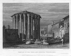 TEMPLES OF THE VESTA AND FORTUNA VIRILIS IN ROME,1830 Steel Engraving,Antique Italian Print
