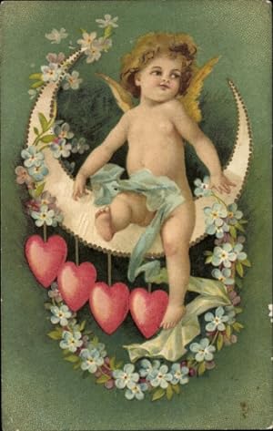 Ansichtskarte / Postkarte Engel, Vergisseminnicht, Herzen, Mondschein