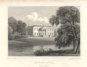BROADLANDS,English country house on Hampshire,1830 Steel Engraving - Antique Print