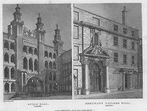 GUILD HALL & MERCHANT TAYLORS HALL IN LONDON,1811 Copper Engraving,Antique Print