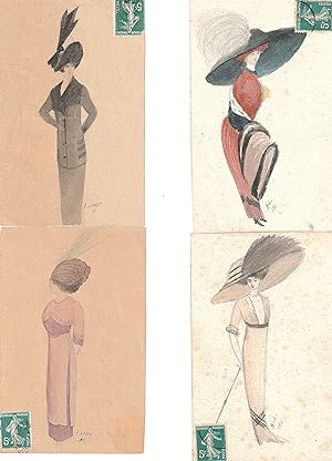 Quatre cartes postales peintes à la main. Four postcards, hand painted. Femmes et chapeaux. Women...