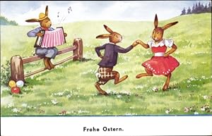Ansichtskarte / Postkarte Glückwunsch Ostern, Vermenschlichte Osterhasen beim Tanzen, Akkordeon