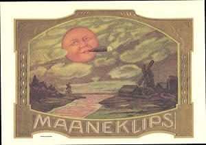 Ansichtskarte / Postkarte Maaneklips, Cigar Labels, Reklame, Mond mit Zigarre, Windmühlen