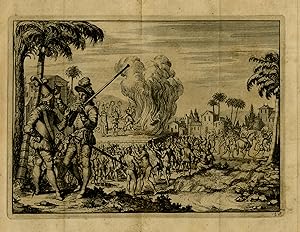 Antique Print-English explorers being burnt at a stake in Mexico-Anonymous-1706