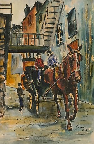 Signed and dated 1966 Watercolour - Horses Pulling a Carriage