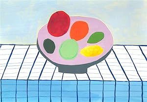 Sian Roberts - Contemporary Gouache, Bowl of Fruit on Gingham Tablecloth