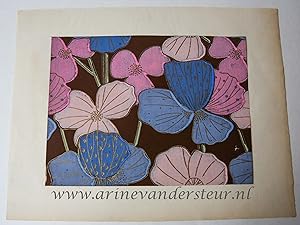 [Modern print, sample paper] Wunderblume / Flowers (20e eeuws papier, gedrukt bloemmotief met gou...
