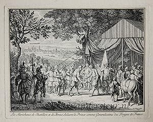 Antique print, etching | Frederik Hendrik greeted by de Chatillon during the siege of Maastricht ...