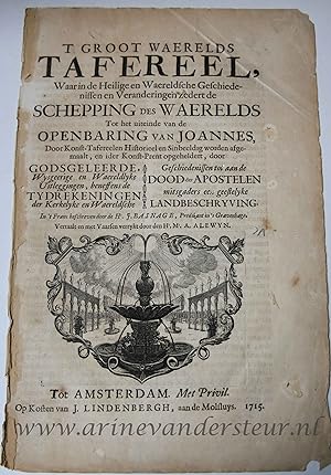 [Two antique prints, title page with vignettes] 'T GROOT WAERELDS TAFEREEL., published 1715, 2 pp.