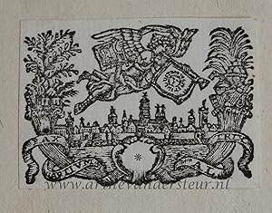 [Antique print, printer's device, woodcut] A flying Fama over the city of Utrecht, published ca. ...