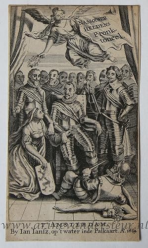 [Antique title page, 1664] Nassouser heldens pronk-toneel / Allegorische voorstelling met mannen ...