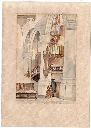 Antique Drawing-CHURCH INTERIOR-ORGAN-17TH CENTURY-Anonymous-ca. 1950