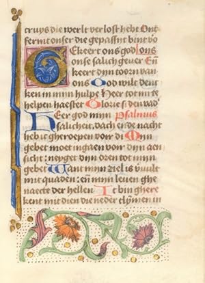 15th century manuscript leaf Dutch with flowers and initial (framed)