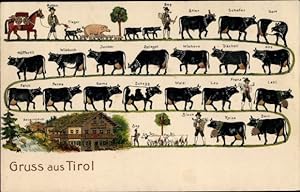 Präge Litho Gruß aus Tirol, Hirten, Bauernhaus, Rinder