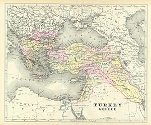 TURKEY AND GREECE,Antique Coloured Map,1896 Historical Topographical Map
