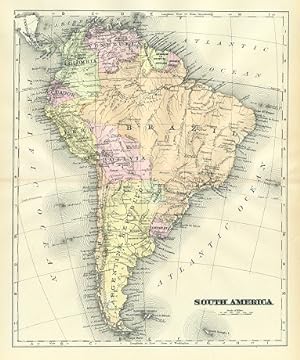 SOUTH AMERICA ,Antique Coloured Map,1900 Historical Topographical Map