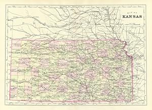 KANSAS,Antique Coloured Map,1900 Historical Topographical Map