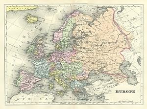 EUROPE,Antique Coloured Map,1900 Historical Topographical Map