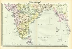 SOUTHERN INDIA,Antique Coloured Map,1900 Historical Topographical Map