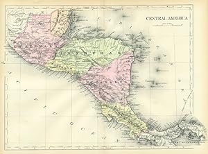 CENTRAL AMERICA ,Antique Coloured Map,1900 Historical Topographical Map