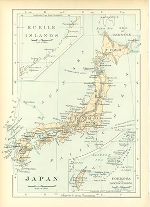 JAPAN WITH THE KURILE ISLANDS AND FORMOSA AND LOOCHOO ISLANDS,Antique Coloured Map,1900 Historica...
