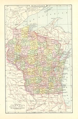 WISCONSIN,Antique Coloured Map,1900 Historical Topographical Map