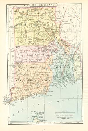 RHODE ISLAND,Antique Coloured Map,1900 Historical Topographical Map