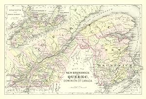 QUEBEC,NEW BRUNSWICK, In the Dominion of Canada,,Antique Coloured Map,1900 Historical Topographic...