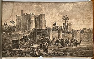 Norman Middle East Crusades. Print, etching of a Norman castle with arabas and camels.19th centur...