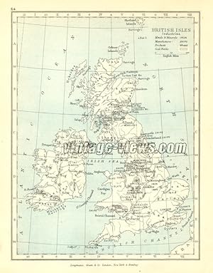 INDUSTRIES OF THE BRITISH ISLES ,Iron,Ships,wheat,Coal fields,ANTIQUE COLOUR MAP PRINT 1905 HISTO...