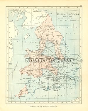 ENGLAND AND WALES MAY 1st - 1643,ANTIQUE COLOUR MAP PRINT 1905 HISTORICAL MAP