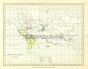 MAP OF THE WORLD 1772 ,ANTIQUE COLOUR MAP PRINT 1905 HISTORICAL MAP