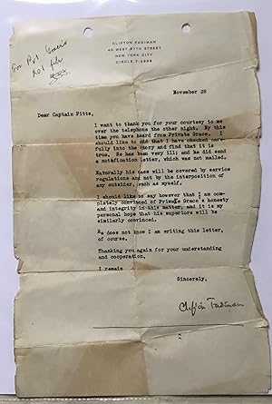 TLS [typed letter signed]. Clifton Fadiman to a Captain Pitts, dated November 28 [no year, early ...