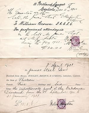 1901 Carlisle Wales Solicitors 2x Antique Receipt s