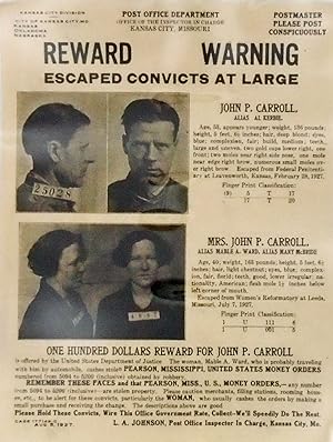 ORIGINAL WANTED POSTER: HUSBAND AND WIFE JAIL BREAK. 1927