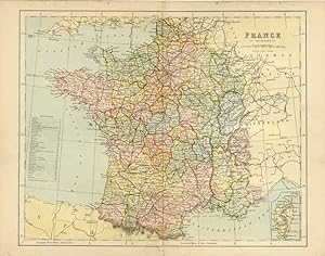 FRANCE IN DEPARTMENTS,1880 Antique Historical and Topographical Colour Relief Map