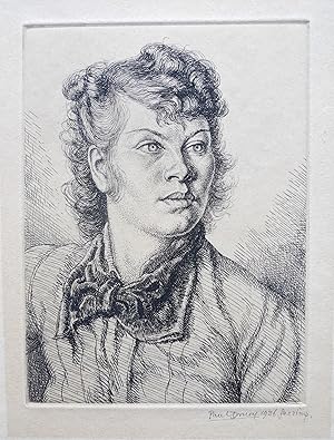 Paul Drury signed etching of woman with a bow. Signed etching