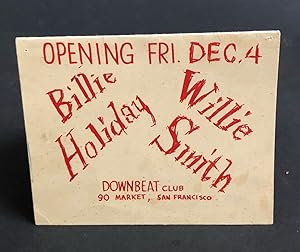 DOWNBEAT CLUB TABLE CARD/FLYER. Inscribed & Autographed by Billie Holiday with accompanying Autog...