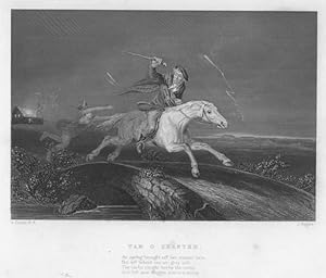 TAM O SHANTER,Running away from witch,1842 Steel Engraved Halloween Print
