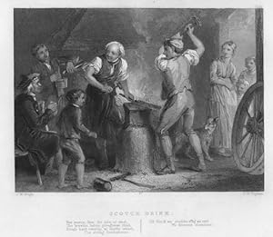 MEN DRINKING SCOTCH IN A FORGE,1842 Steel Engraved Print
