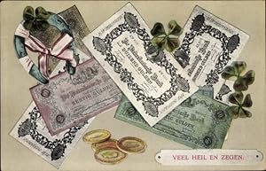 Ansichtskarte / Postkarte Niederlande, Veel Heil en Zegen, Kleeblätter, Münzen, Geldscheine, Hufe...